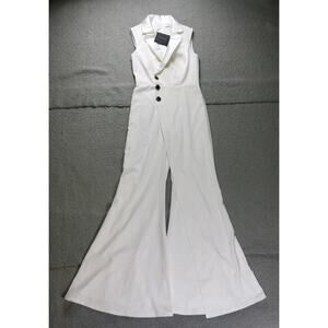 New Mac Duggal Leena Jumpsuit 4 White ASYMMETRICAL Faux TUXEDO Slit